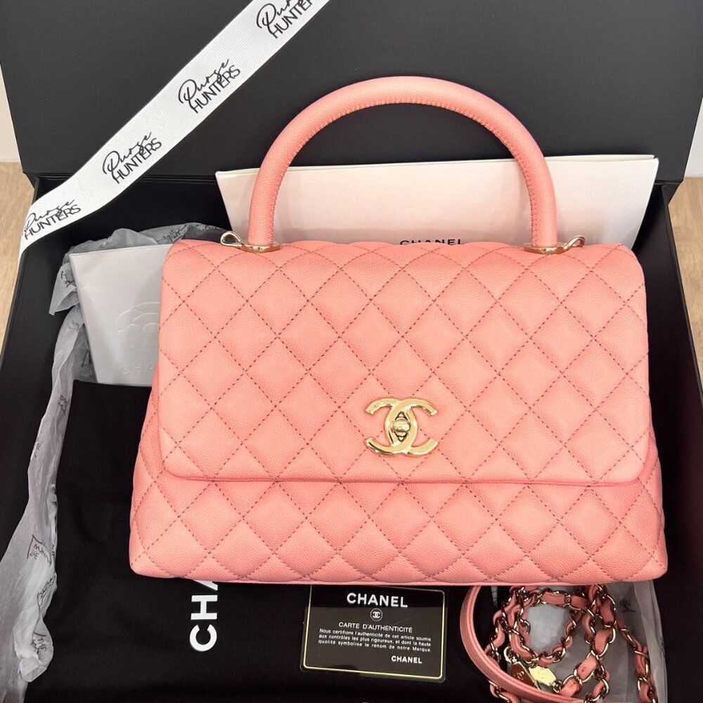 100% Authentic CHANEL Coco Medium Top Handle Caviar GHW Baby Pink